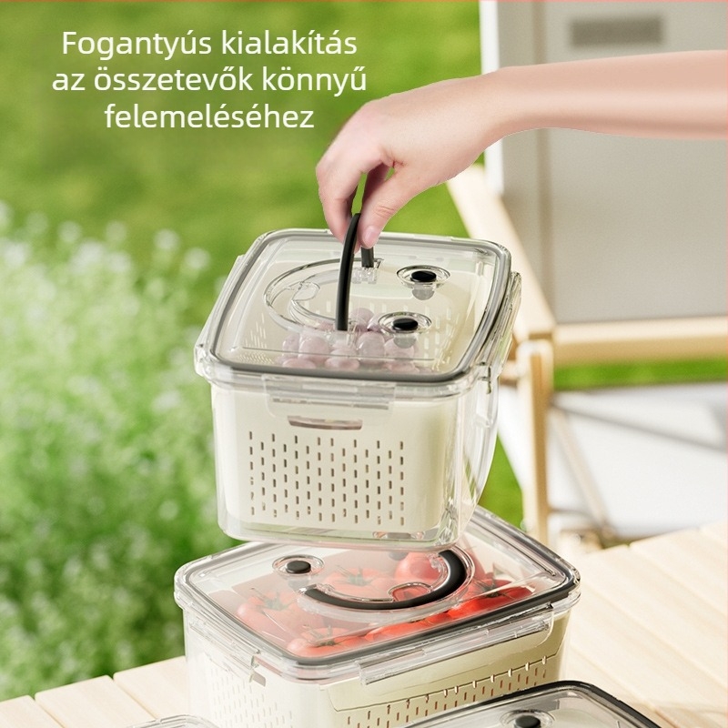 Nagy méretű hordozható kétszintes csöpögtető kosár zöldségek és gyümölcsök mosásához, műanyag konyhai tároló