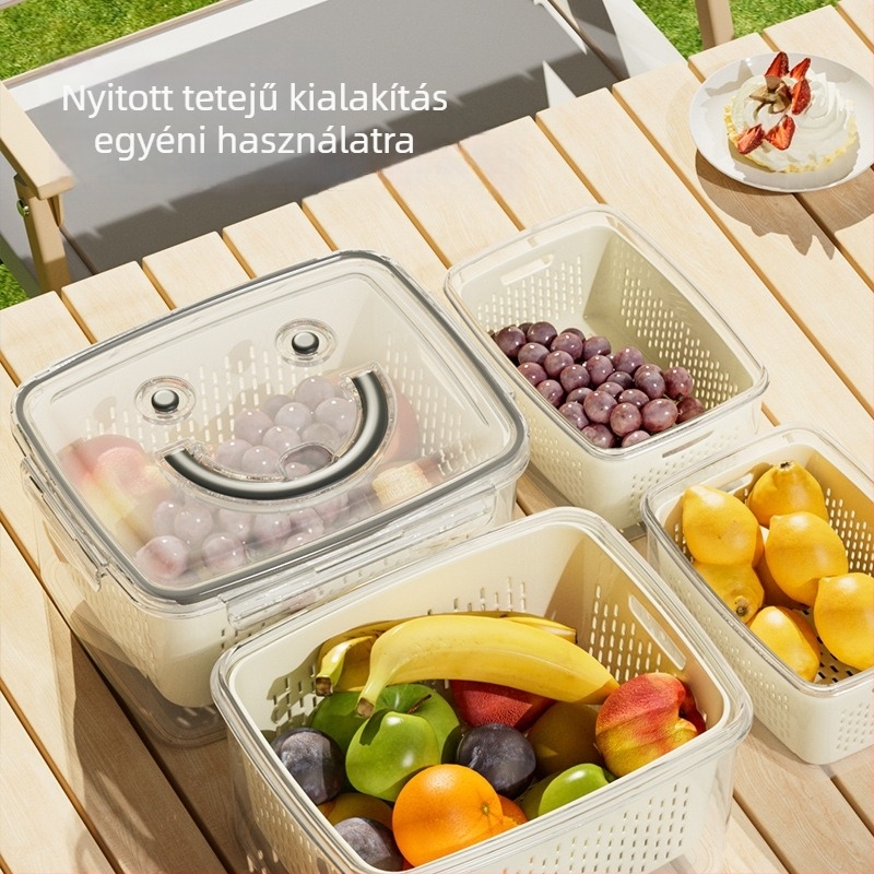 Nagy méretű hordozható kétszintes csöpögtető kosár zöldségek és gyümölcsök mosásához, műanyag konyhai tároló