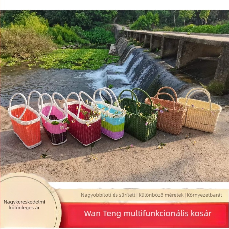 Kék fürdőkosár PE műanyag rattan utánzatból – bevásárláshoz, piknikhez, tojások és otthoni tároláshoz