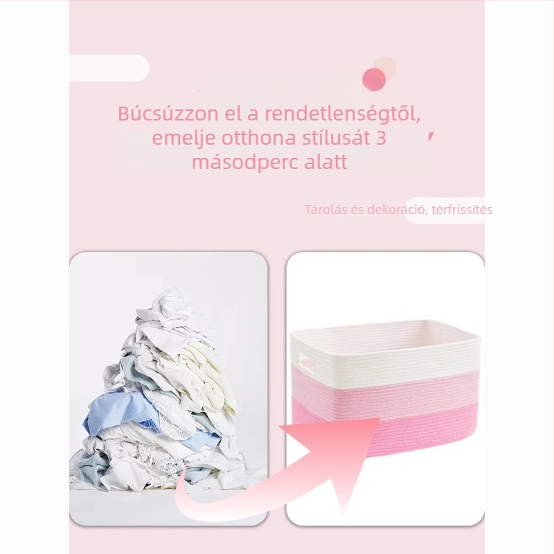 Nagy méretű pamutfonálból készült tárolókosár, összecsukható, téglalap alakú, ruhák és hálószobai tárolásra
