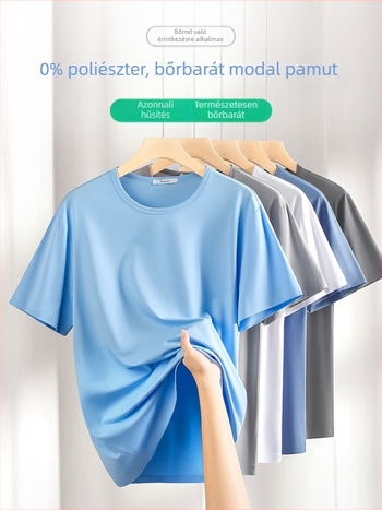 Férfi modál-pamut egyszínű rövid ujjú póló, kék, kerek nyakú, bőrbarát belső réteg