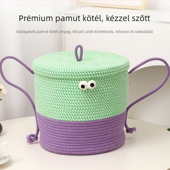 Aranyos kis szörnyeteg, nagy szemekkel, pamutfonálból kötött tárolókosár ruhákhoz, nassolnivalókhoz és gyapjúhoz