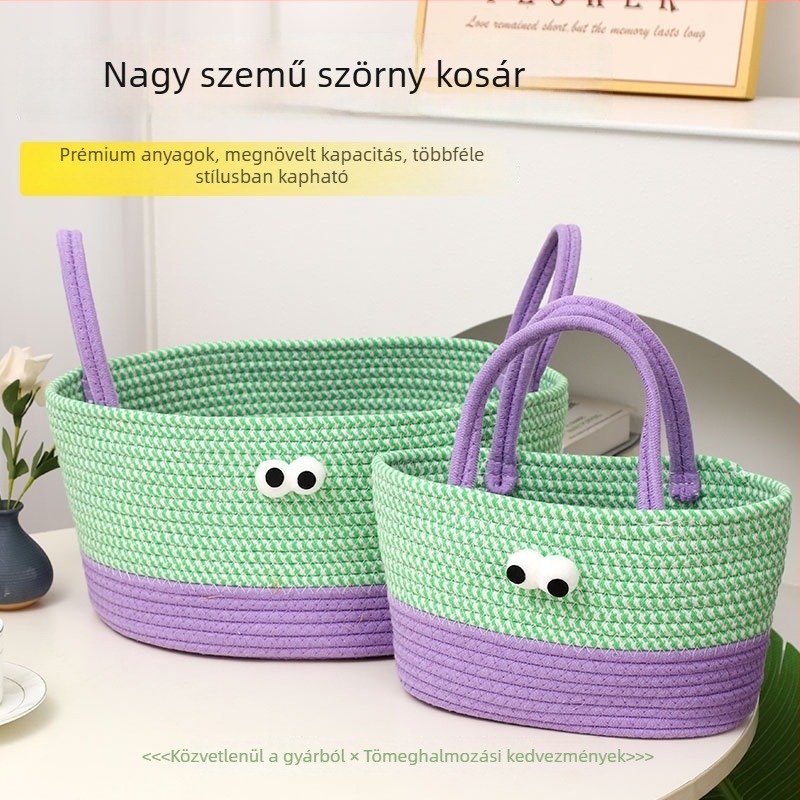 Aranyos kis szörnyeteg, nagy szemekkel, pamutfonálból kötött tárolókosár ruhákhoz, nassolnivalókhoz és gyapjúhoz