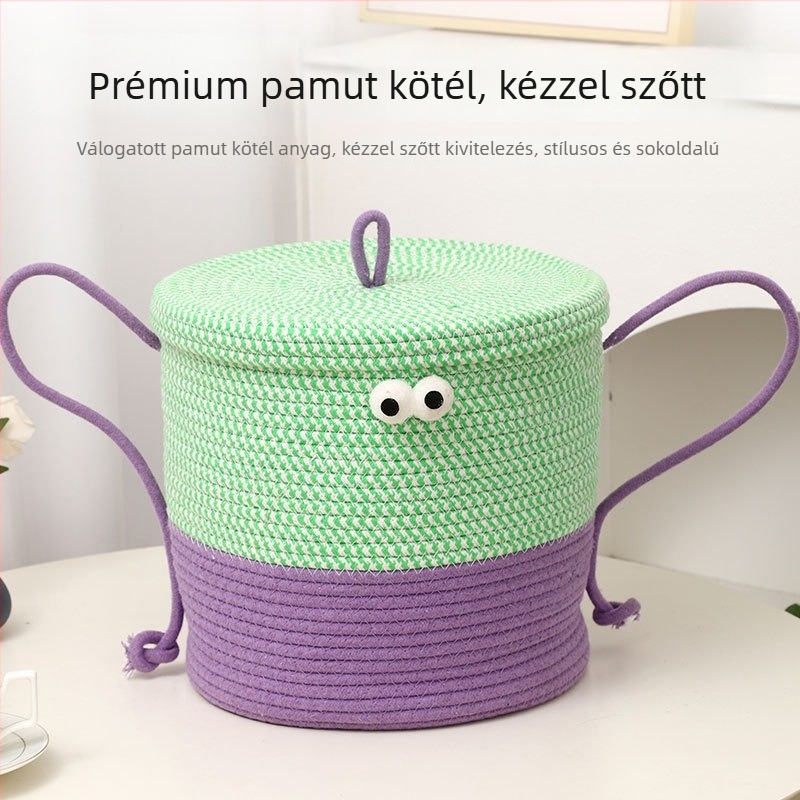 Aranyos kis szörnyeteg, nagy szemekkel, pamutfonálból kötött tárolókosár ruhákhoz, nassolnivalókhoz és gyapjúhoz