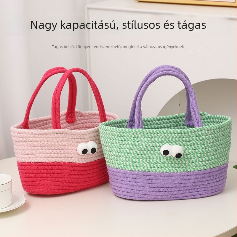 Aranyos kis szörnyeteg, nagy szemekkel, pamutfonálból kötött tárolókosár ruhákhoz, nassolnivalókhoz és gyapjúhoz