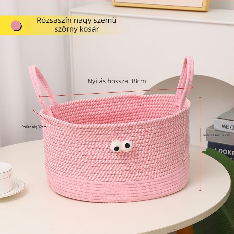 Aranyos kis szörnyeteg, nagy szemekkel, pamutfonálból kötött tárolókosár ruhákhoz, nassolnivalókhoz és gyapjúhoz