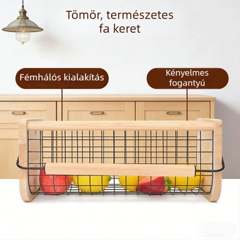 Fából készült kovácsoltvas gyümölcskosár a konyhába, dekoratív asztali tároló gyümölcsöknek és zöldségeknek