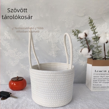 Pamutkötélből készült tároló kosár, nordic stílusban, egyszínű, kozmetikumokhoz; felakasztható és hordozható.