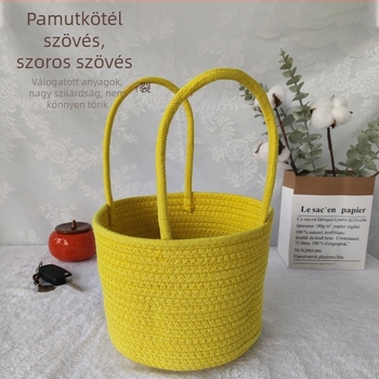 Pamutkötélből készült tároló kosár, nordic stílusban, egyszínű, kozmetikumokhoz; felakasztható és hordozható.