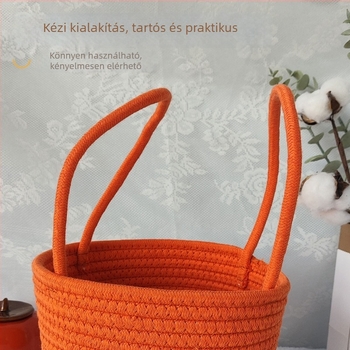 Pamutkötélből készült tároló kosár, nordic stílusban, egyszínű, kozmetikumokhoz; felakasztható és hordozható.