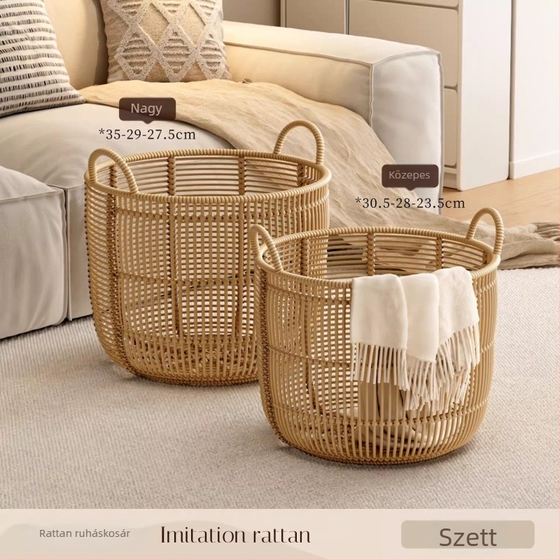 Rattanhatású szennyeskosár, vízálló, a piszkos ruhák tárolására, modern hálószobai mosókosár
