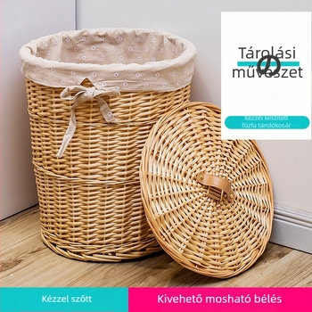 Nagy méretű kerek fonott mosókosár tetővel