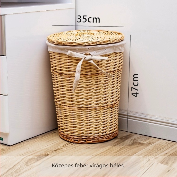 Nagy méretű kerek fonott mosókosár tetővel