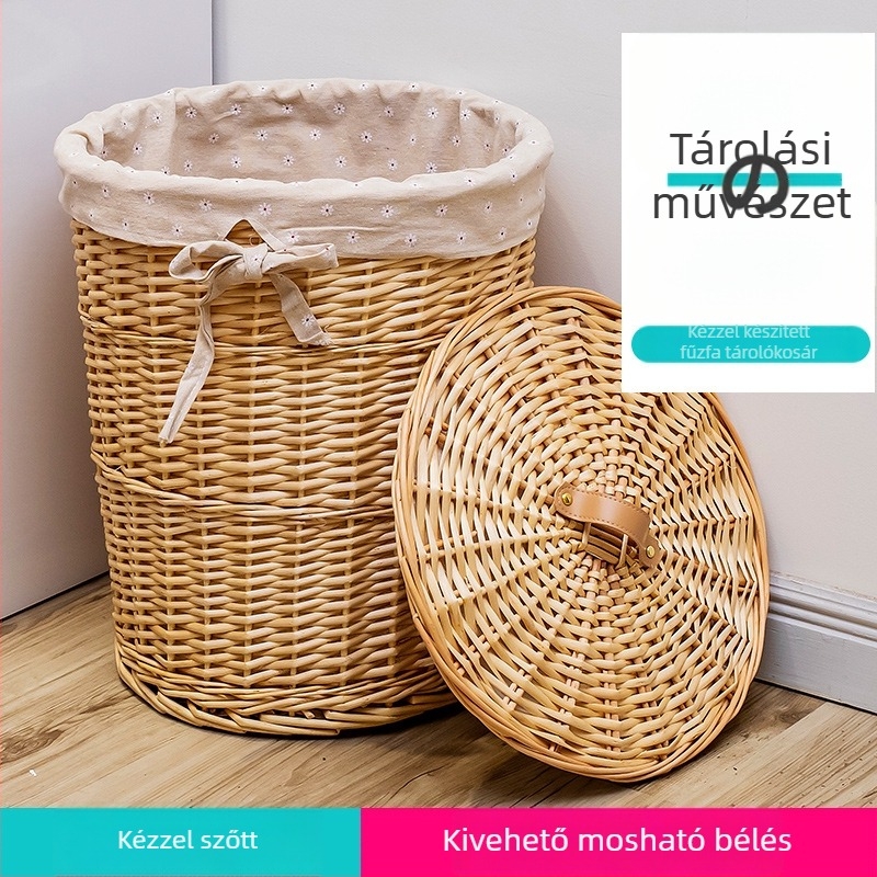 Nagy méretű kerek fonott mosókosár tetővel
