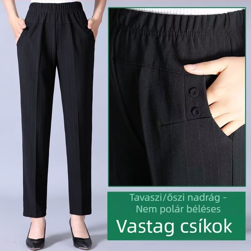 Őszi-téli pamutnadrág idős nőknek fleece béléssel, vastag és meleg, laza szabású, alacsony termetű néniknek