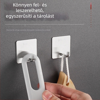 Rozsdamentes acél falra szerelhető öntapadós akasztó, fúrás nélkül, több kampóval, 2 kg teherbírással, konyha és kollégiumi használatra