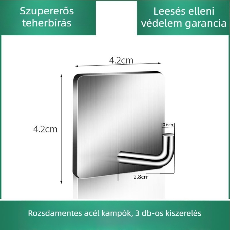 Rozsdamentes acél falra szerelhető öntapadós akasztó, fúrás nélkül, több kampóval, 2 kg teherbírással, konyha és kollégiumi használatra