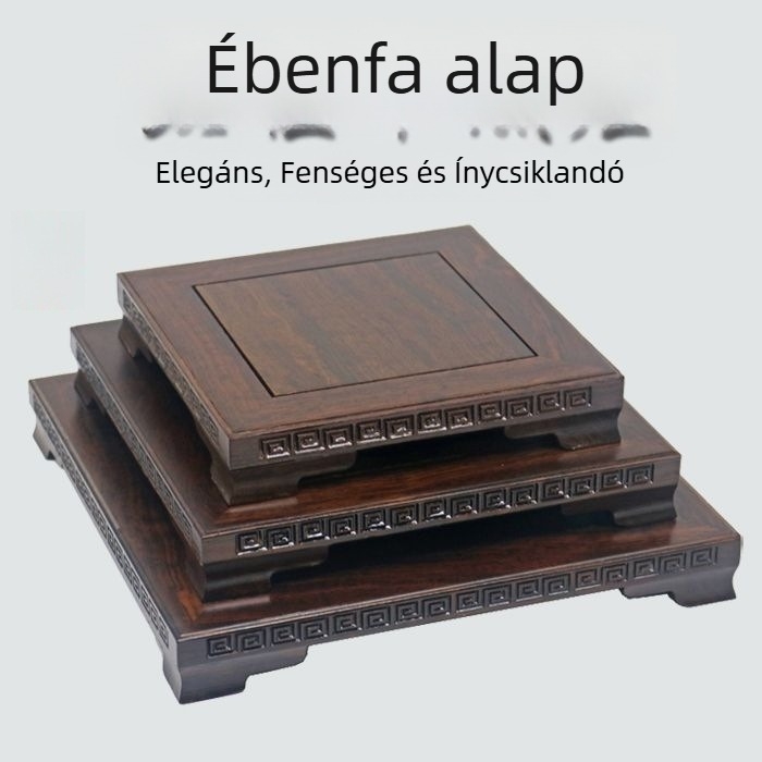 Ebontömörfa téglalap alakú dekoratív alap akváriumhoz, vázákhoz és bonsajhoz, Buddha-szoborhoz; porcelán és kő díszítéssel