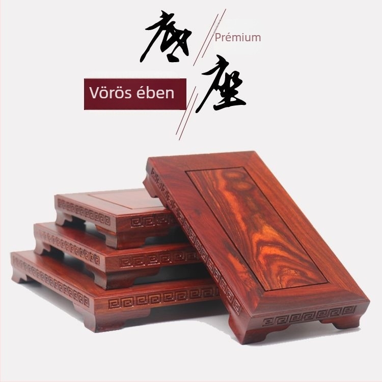 Ebontömörfa téglalap alakú dekoratív alap akváriumhoz, vázákhoz és bonsajhoz, Buddha-szoborhoz; porcelán és kő díszítéssel