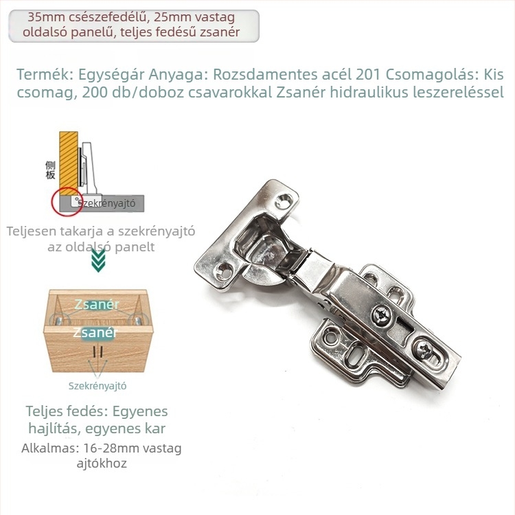 35 mm teljes lefedésű hidraulikus szekrényajtó pántok, panel vastagsága 25–30 mm, cink ötvözet