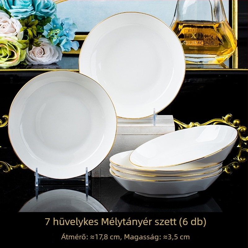 Csont porcelán étkészlet: gyémántmintás tányér, kerek, négyzetes tányér és halas tál; minimalist, könnyű luxus; kézzel rajzolt arany lótusz motívum