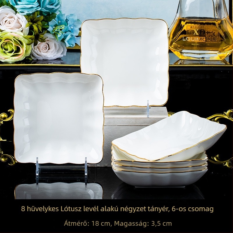 Csont porcelán étkészlet: gyémántmintás tányér, kerek, négyzetes tányér és halas tál; minimalist, könnyű luxus; kézzel rajzolt arany lótusz motívum