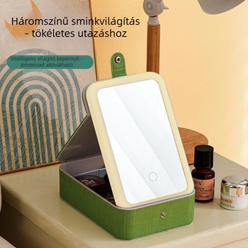 LED háromszínű világítású sminktáska, összecsukható, hordozható sminktükörrel, kozmetikumok és ékszerek tárolója, utazáshoz