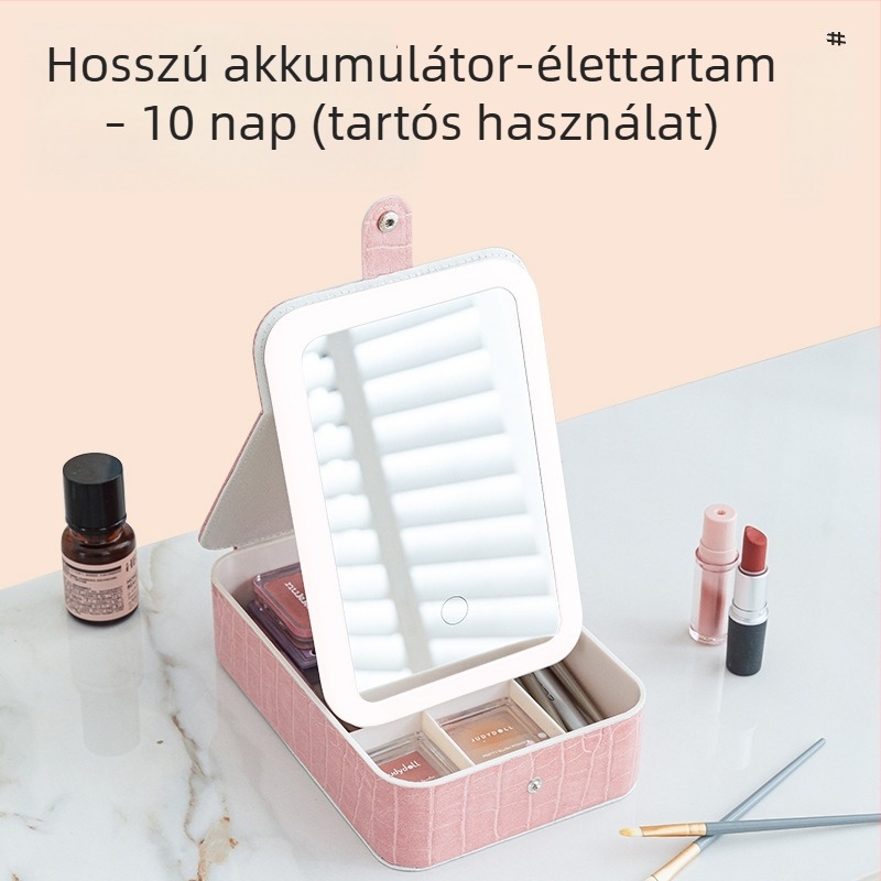 LED háromszínű világítású sminktáska, összecsukható, hordozható sminktükörrel, kozmetikumok és ékszerek tárolója, utazáshoz
