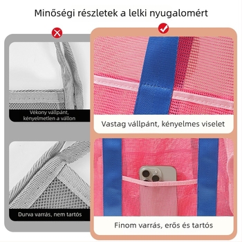 Nagy kapacitású, színes hálós strandtáska, kézben tartható, külső tároláshoz ruháknak és egyéb dolgoknak