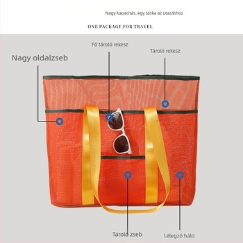 Nagy kapacitású, színes hálós strandtáska, kézben tartható, külső tároláshoz ruháknak és egyéb dolgoknak