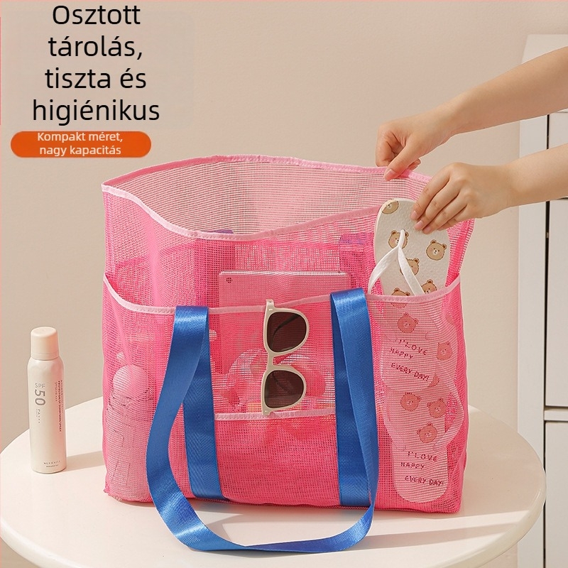 Nagy kapacitású, színes hálós strandtáska, kézben tartható, külső tároláshoz ruháknak és egyéb dolgoknak