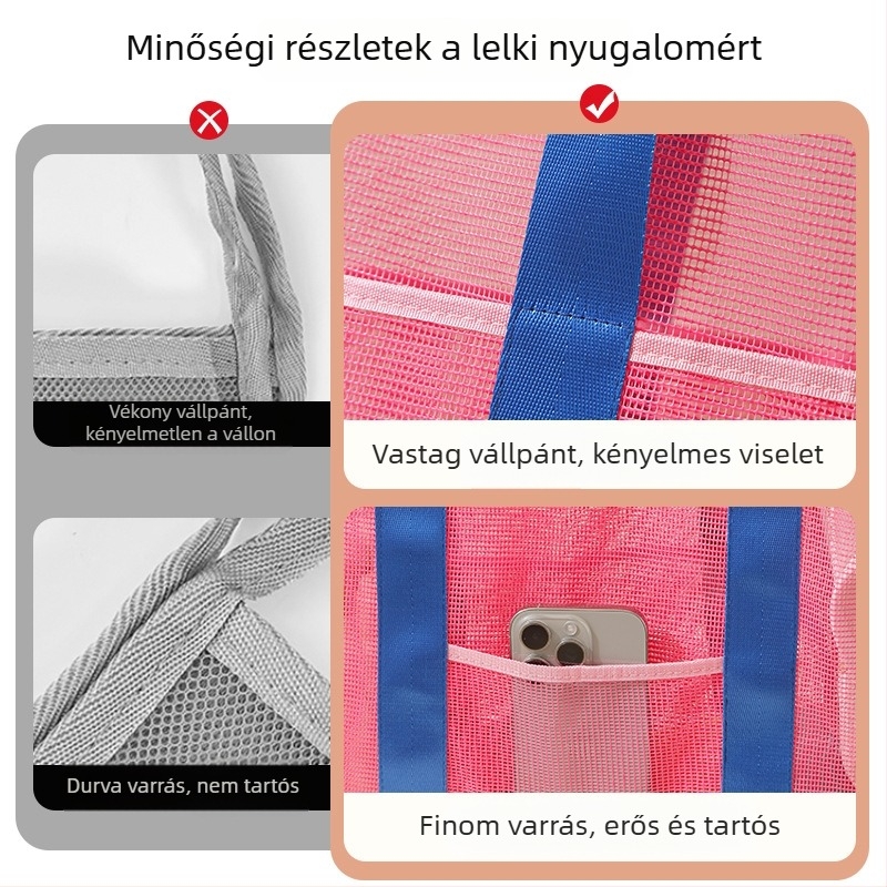 Nagy kapacitású, színes hálós strandtáska, kézben tartható, külső tároláshoz ruháknak és egyéb dolgoknak