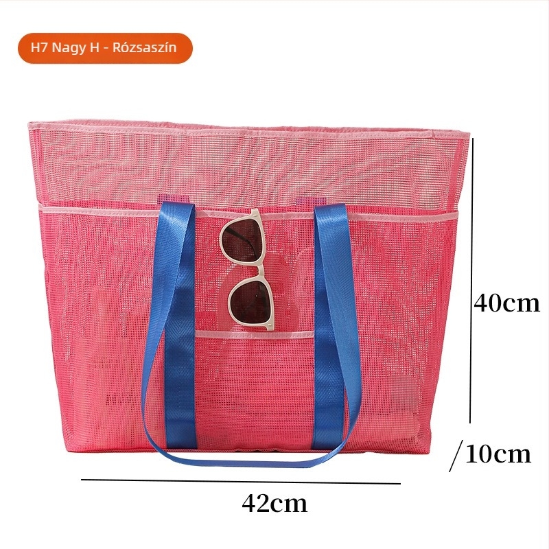 Nagy kapacitású, színes hálós strandtáska, kézben tartható, külső tároláshoz ruháknak és egyéb dolgoknak