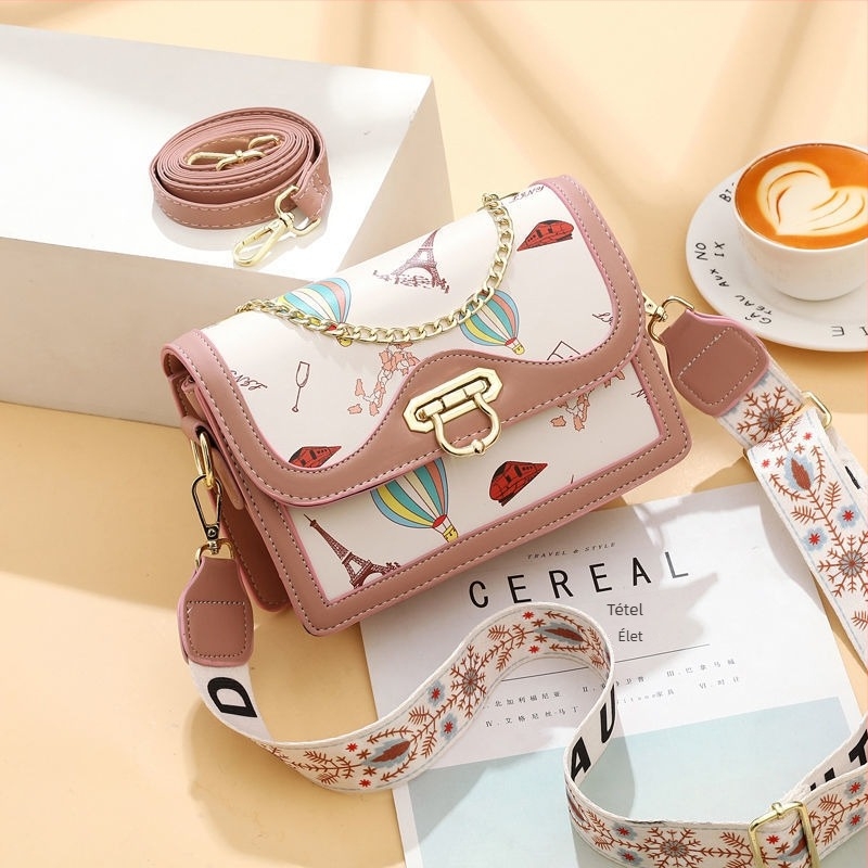 Női négyzet alakú táska lánccal a vállon, színes nyomtatású PU anyagból, crossbody