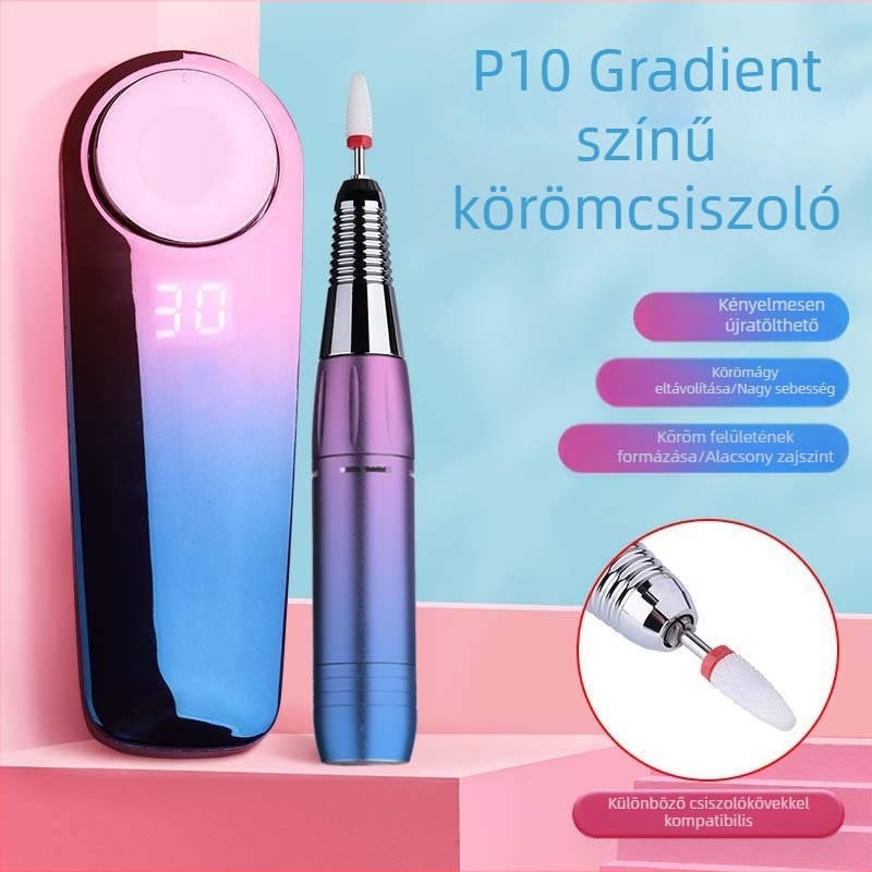 P10 feltöltethető körömdíszítő polírozó készülék cserélhető fejjel, hordozható körömformázó eszköz