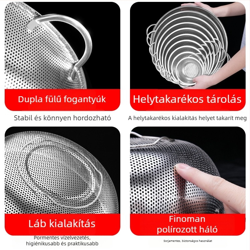 Konyhai rozsdamentes acél leeresztő kosár kettős füllel, többfunkciós mosókosár rizs, zöldségek és gyümölcsök mosásához