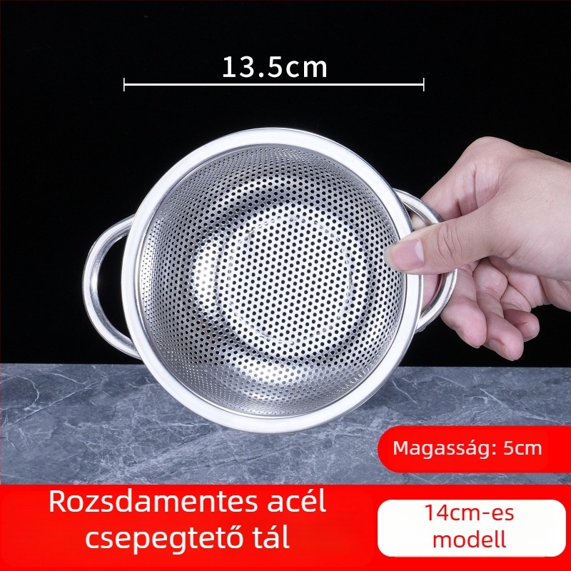 Konyhai rozsdamentes acél leeresztő kosár kettős füllel, többfunkciós mosókosár rizs, zöldségek és gyümölcsök mosásához