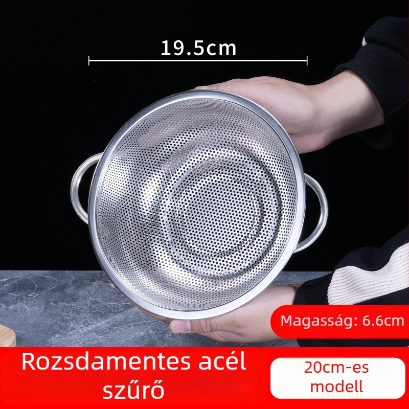 Konyhai rozsdamentes acél leeresztő kosár kettős füllel, többfunkciós mosókosár rizs, zöldségek és gyümölcsök mosásához