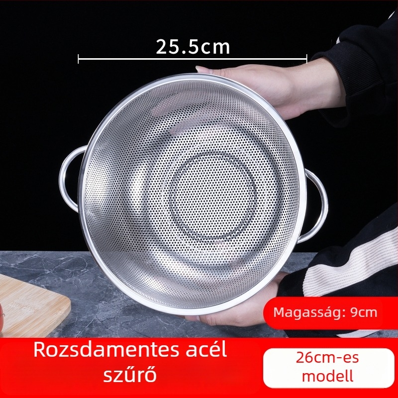 Konyhai rozsdamentes acél leeresztő kosár kettős füllel, többfunkciós mosókosár rizs, zöldségek és gyümölcsök mosásához