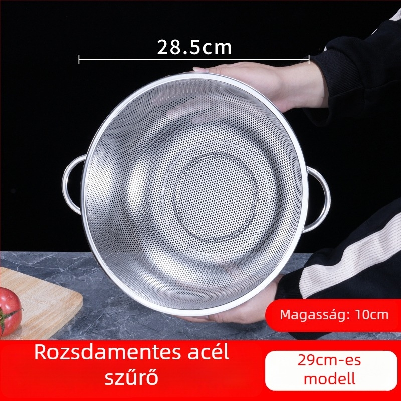 Konyhai rozsdamentes acél leeresztő kosár kettős füllel, többfunkciós mosókosár rizs, zöldségek és gyümölcsök mosásához