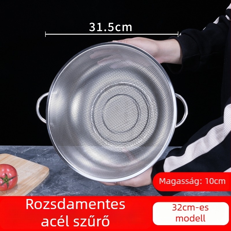 Konyhai rozsdamentes acél leeresztő kosár kettős füllel, többfunkciós mosókosár rizs, zöldségek és gyümölcsök mosásához