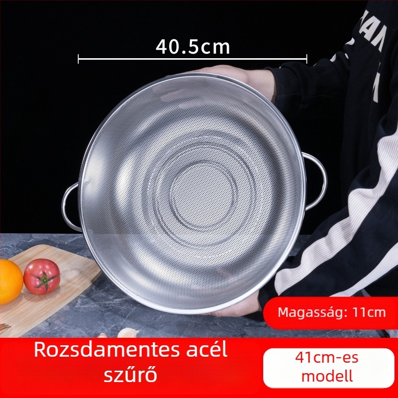 Konyhai rozsdamentes acél leeresztő kosár kettős füllel, többfunkciós mosókosár rizs, zöldségek és gyümölcsök mosásához