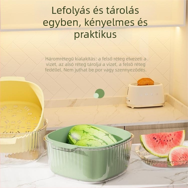 Konyhai kétszintes leöblítőkosár, nagy kapacitású, multifunkcionális gyümölcs- és zöldségmosó, átlátszó