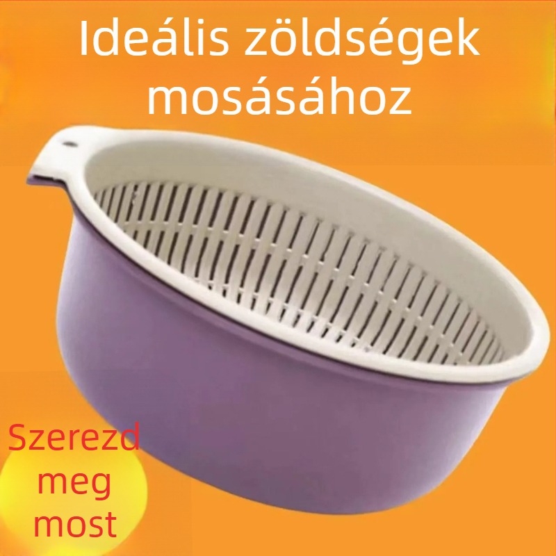 Nagy kétszintes zöldségmosó és leeresztő kosár a konyhai mosogatóhoz, kerek alakú