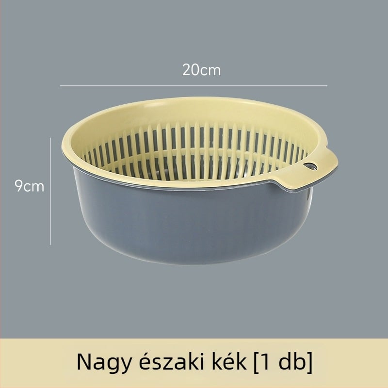 Nagy kétszintes zöldségmosó és leeresztő kosár a konyhai mosogatóhoz, kerek alakú