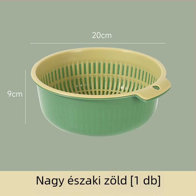 Nagy kétszintes zöldségmosó és leeresztő kosár a konyhai mosogatóhoz, kerek alakú