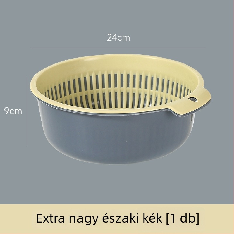 Nagy kétszintes zöldségmosó és leeresztő kosár a konyhai mosogatóhoz, kerek alakú