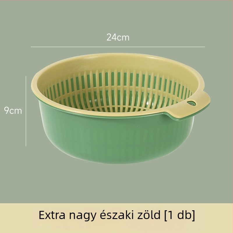 Nagy kétszintes zöldségmosó és leeresztő kosár a konyhai mosogatóhoz, kerek alakú