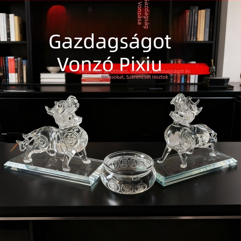 Kristály Pixiu dekoratív pár, átlátszó kincsesedény, otthon, nappali, előszoba és irodaasztalhoz, házavató ajándék