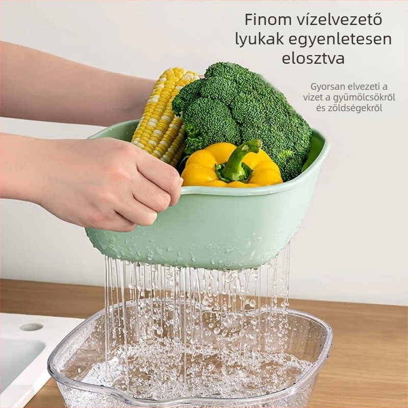 Kétszintes PET zöldség-leeresztő kosár a konyhához, műanyag gyümölcstál és mosóedény, teljes készlet nedves és száraz használatra